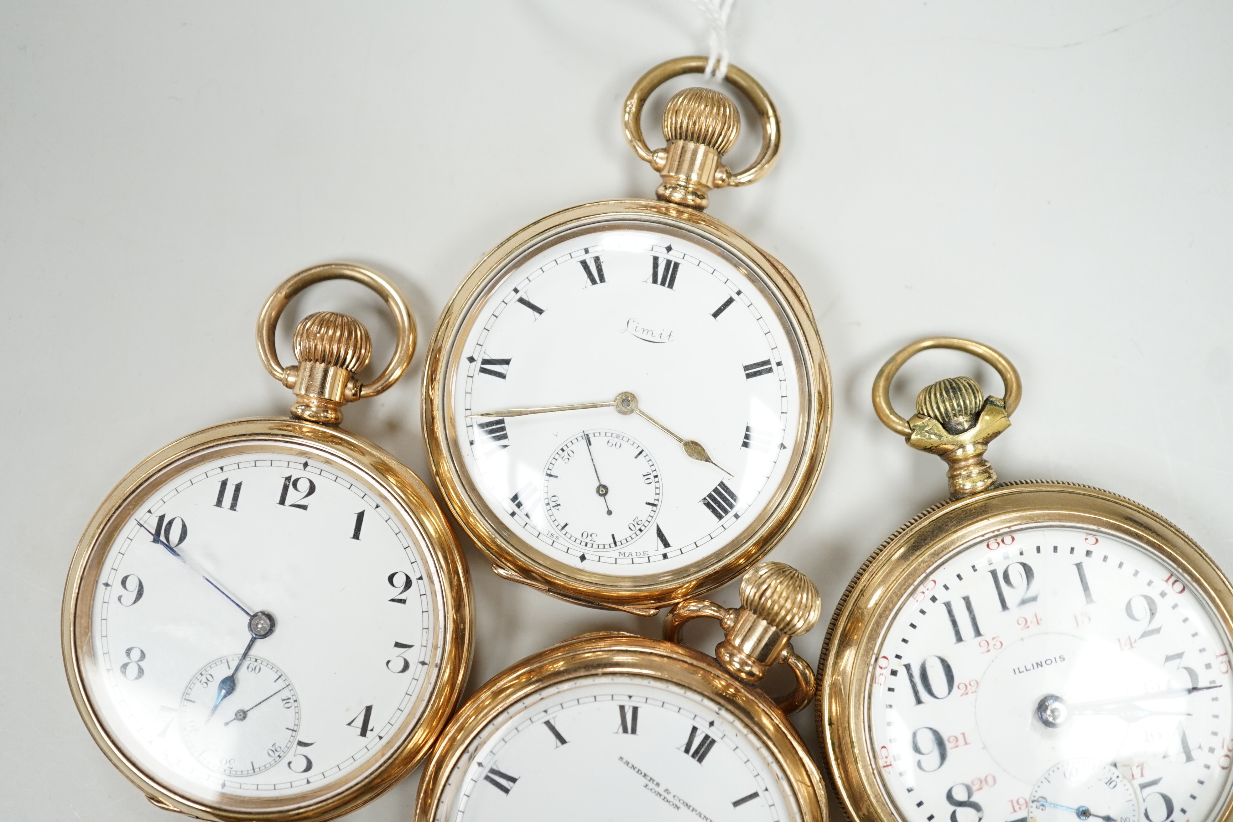 Six assorted gold plated open faces pocket watches, including Limit and Sanders Company.